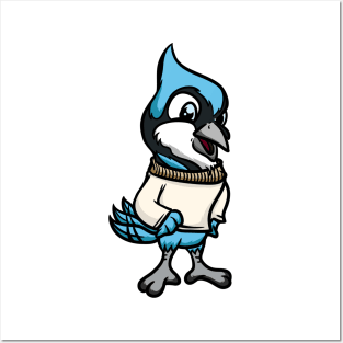 Cute Anthropomorphic Human-like Cartoon Character Blue Jay in Clothes Posters and Art